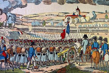 Наполеон посылает войска в атаку при Люцене. Раскрашенная гравюра XIX в.