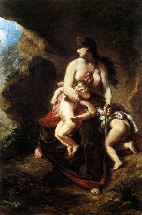 Эжен Делакруа (1798–1863). Медея собирается убить детей. 1839. Холст, масло. 122х84 см. Лувр, Париж.