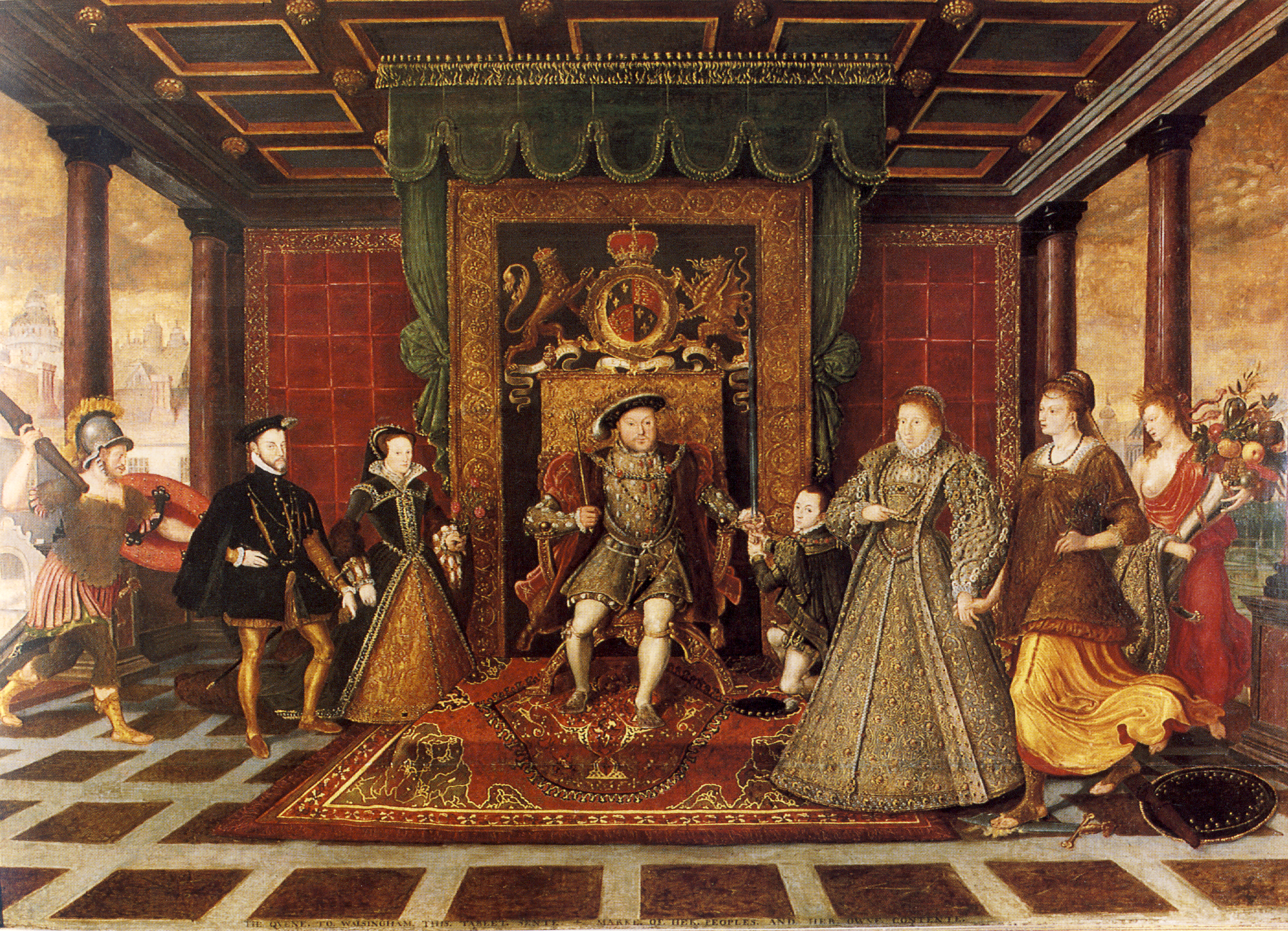 Лукас де Гир (1534-1584). Семья Генриха VIII. Аллегорическое изображение порядка наследования. Около 1572 г. Масло, дерево. 131,2х184 см. Национальный музей Уэльса, Кардифф.